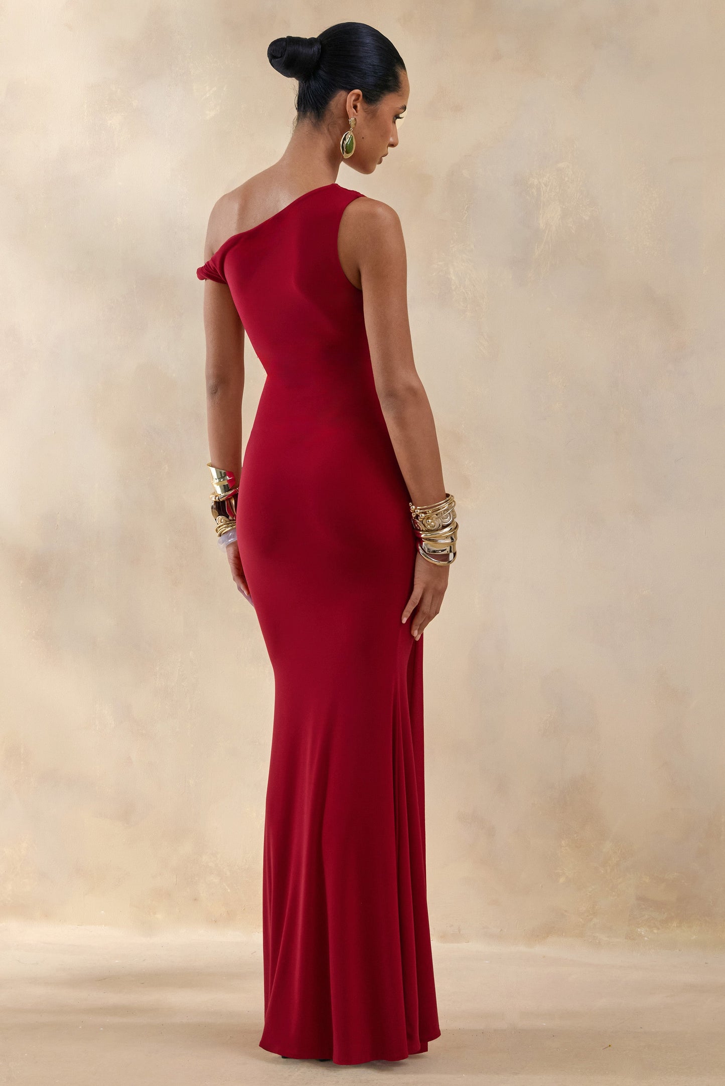 Caelia | Red Asymmetric-Neck Maxi Dress With Gold-Detailing And Sash