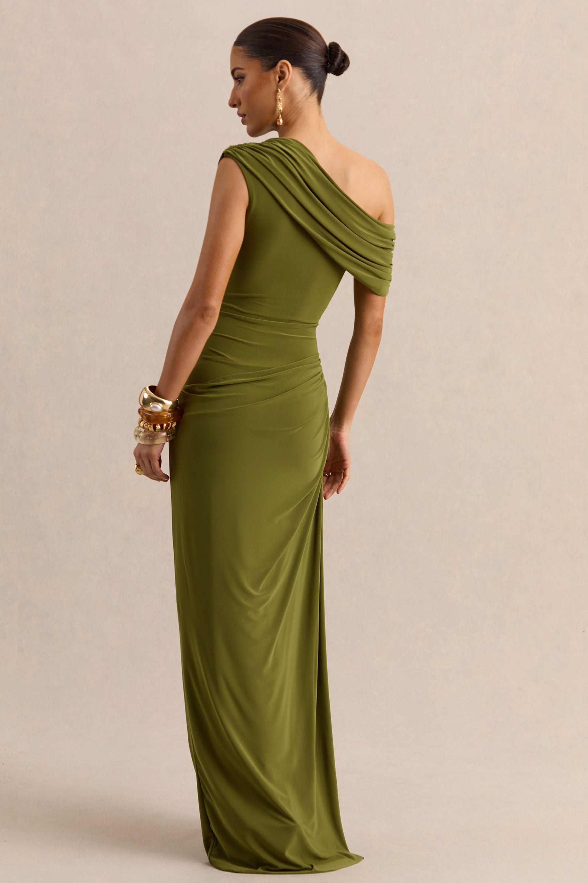 Avialee | Green Asymmetric-Neck Maxi Dress With Gathered-Detailing And Sash