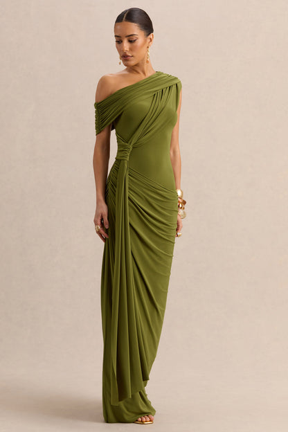 Avialee | Green Asymmetric-Neck Maxi Dress With Gathered-Detailing And Sash