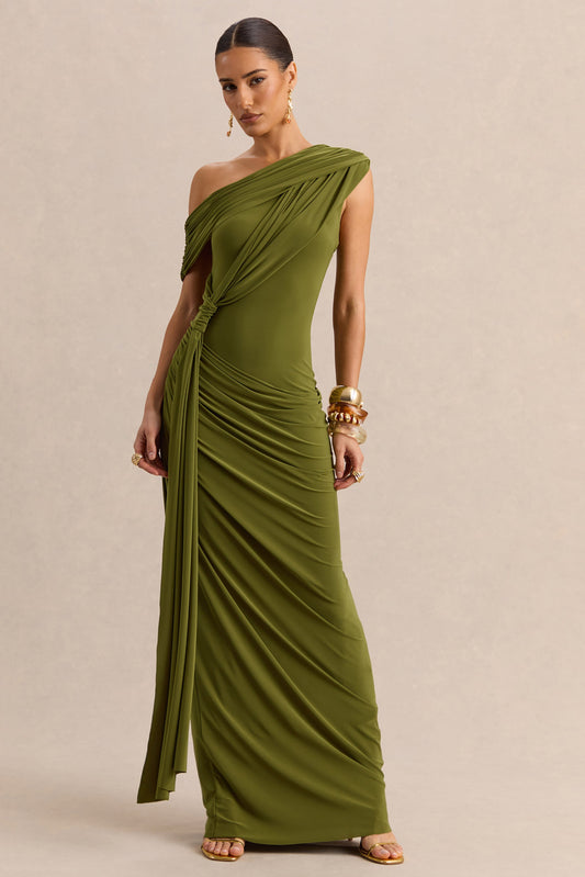 Avialee | Green Asymmetric-Neck Maxi Dress With Gathered-Detailing And Sash