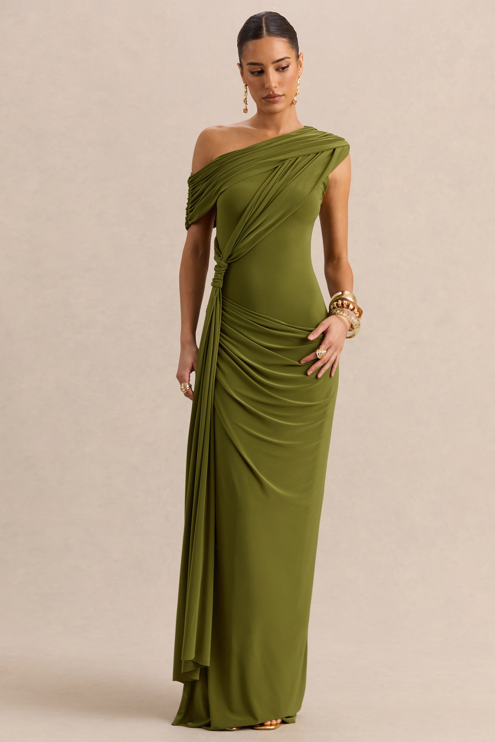 Avialee | Green Asymmetric-Neck Maxi Dress With Gathered-Detailing And Sash