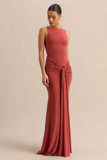 Cherine | Rust Round-Neck Maxi Dress With Gathered-Detailing And Sash
