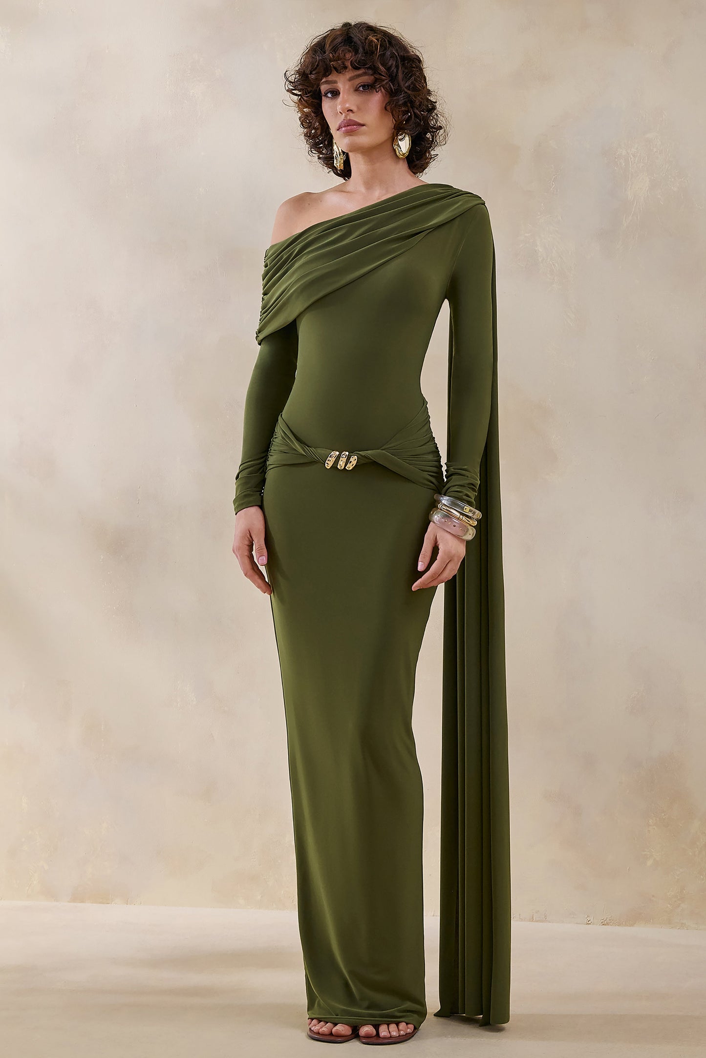 Bessy | Green Asymmetric-Neck Maxi Dress With Gathered-Detailing And Sash