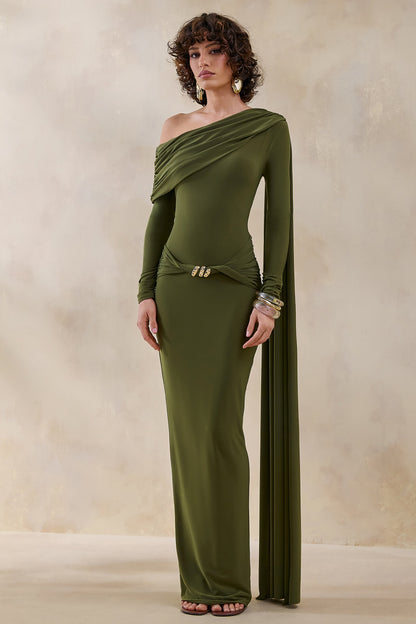 Bessy | Green Asymmetric-Neck Maxi Dress With Gathered-Detailing And Sash