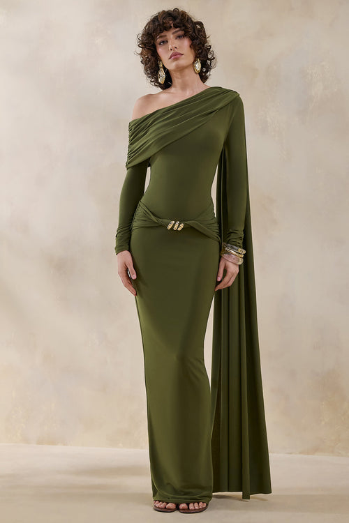 Bessy | Green Asymmetric-Neck Maxi Dress With Gathered-Detailing And Sash