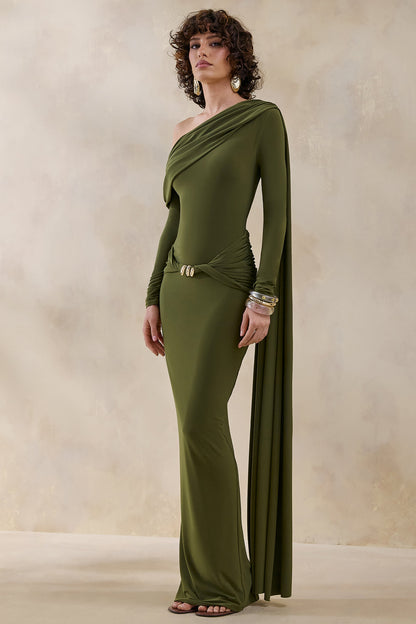 Bessy | Green Asymmetric-Neck Maxi Dress With Gathered-Detailing And Sash