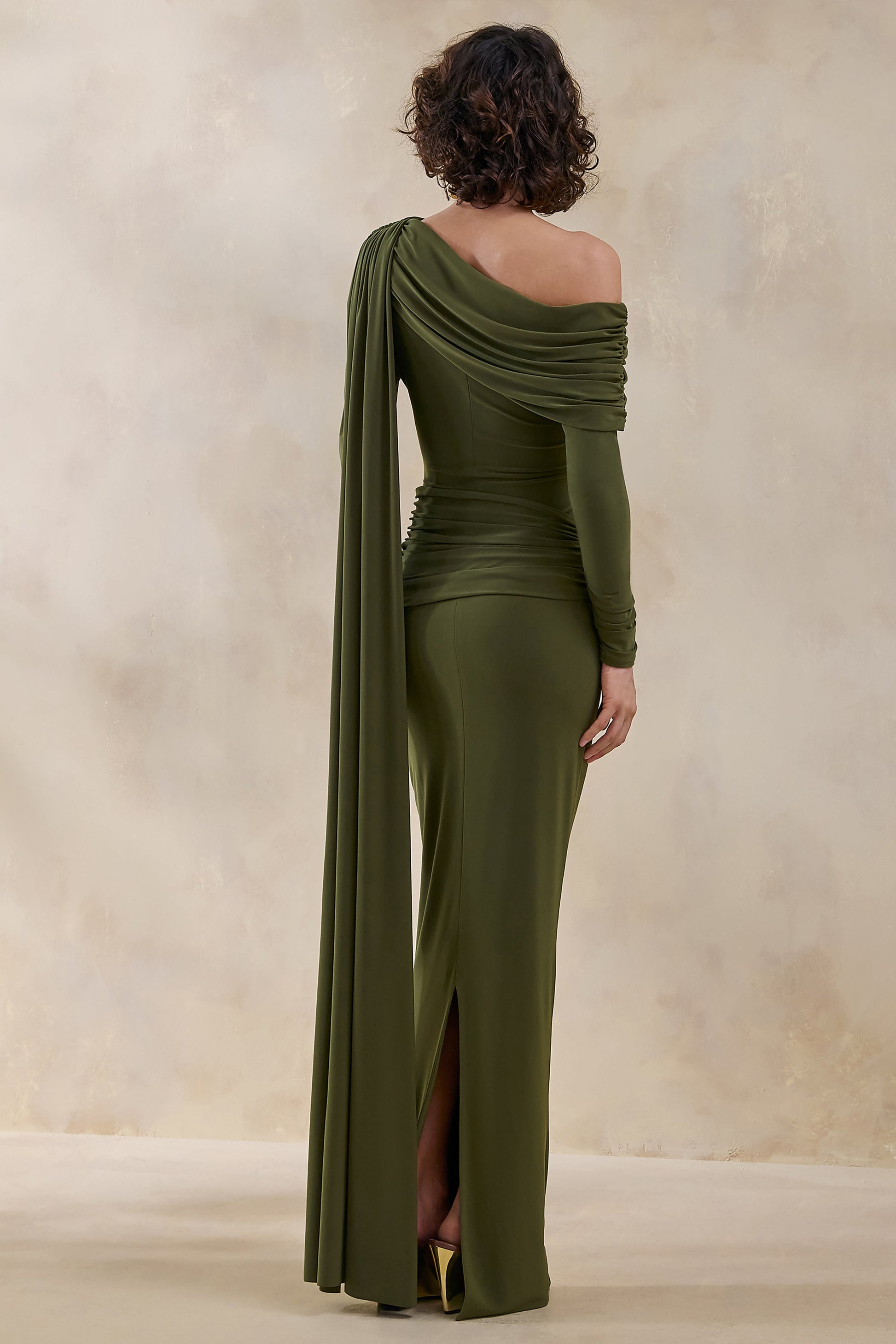 Bessy | Green Asymmetric-Neck Maxi Dress With Gathered-Detailing And Sash