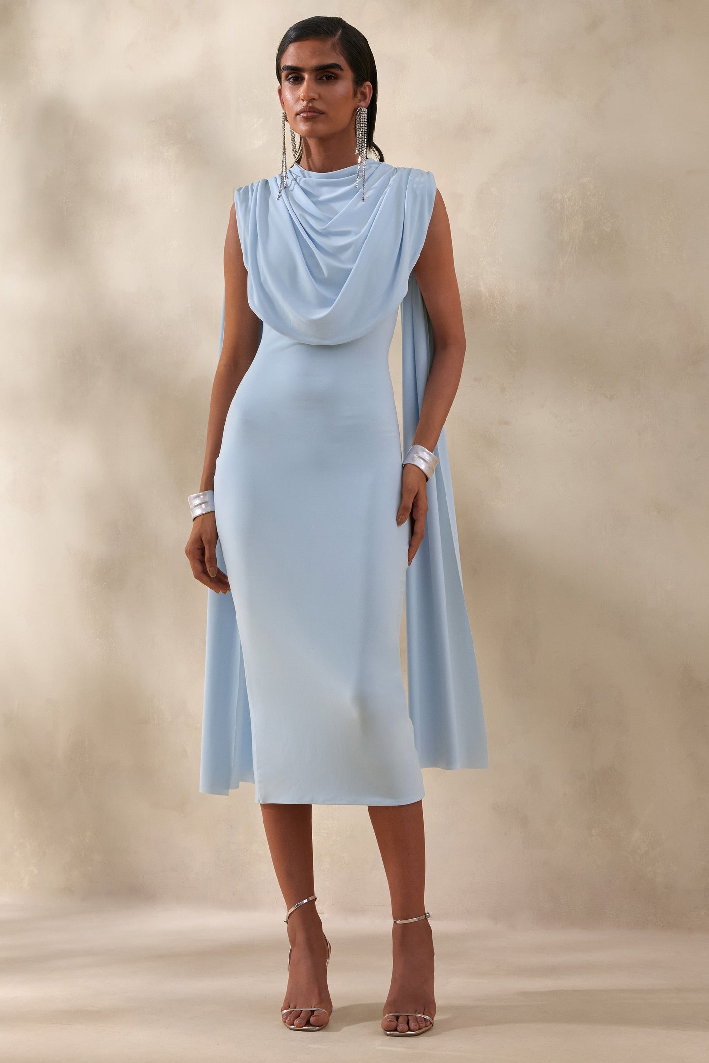 Lysandria | Powder Blue High-Neck Midi Dress With Draped-Detailing