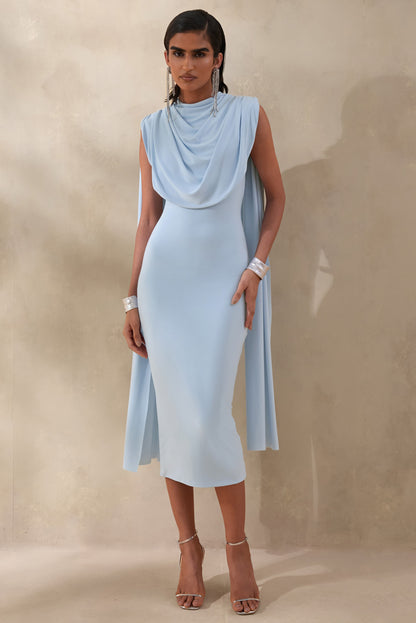 Lysandria | Powder Blue High-Neck Midi Dress With Draped-Detailing