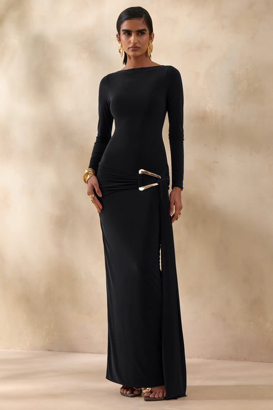 Astrielle | Black Wide-Neck With Gold-Detail And Sash