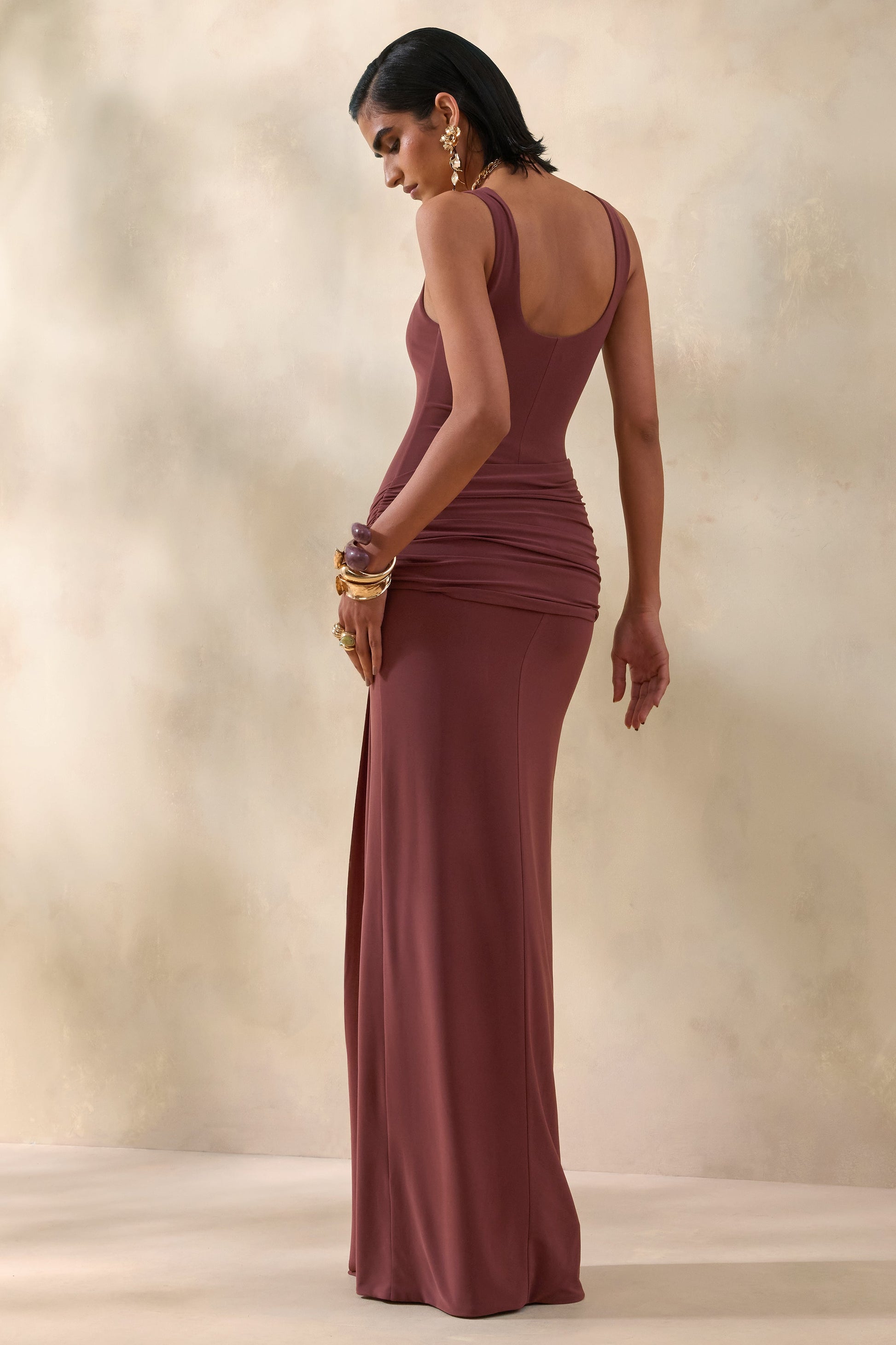 Lienna | Brown Scoop-Neck Maxi Dress With Gathered-Detail And Sash