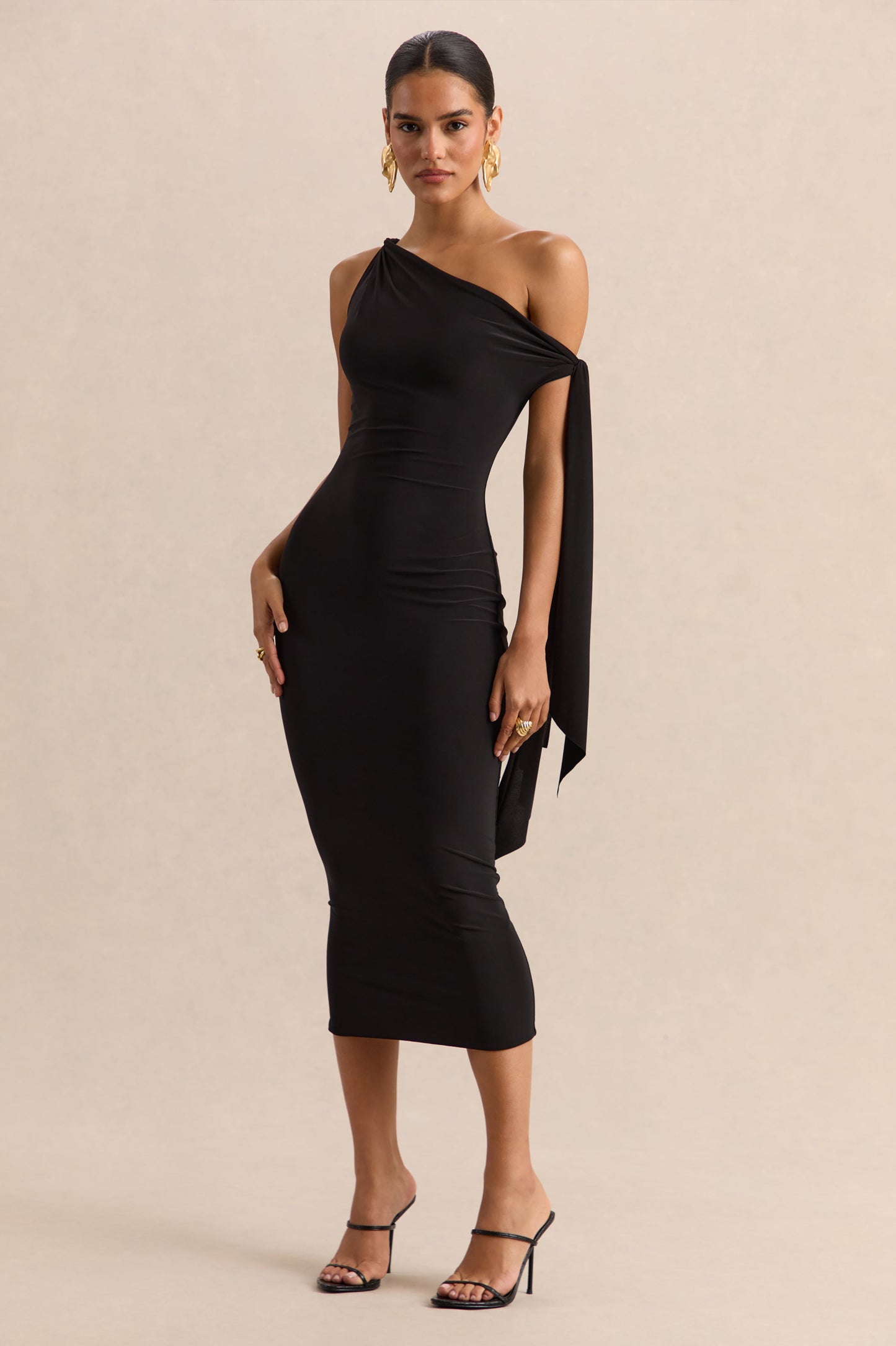 Arcelia | Black Asymmetric-Neck Midi Dress With Knot-Sleeve Detail