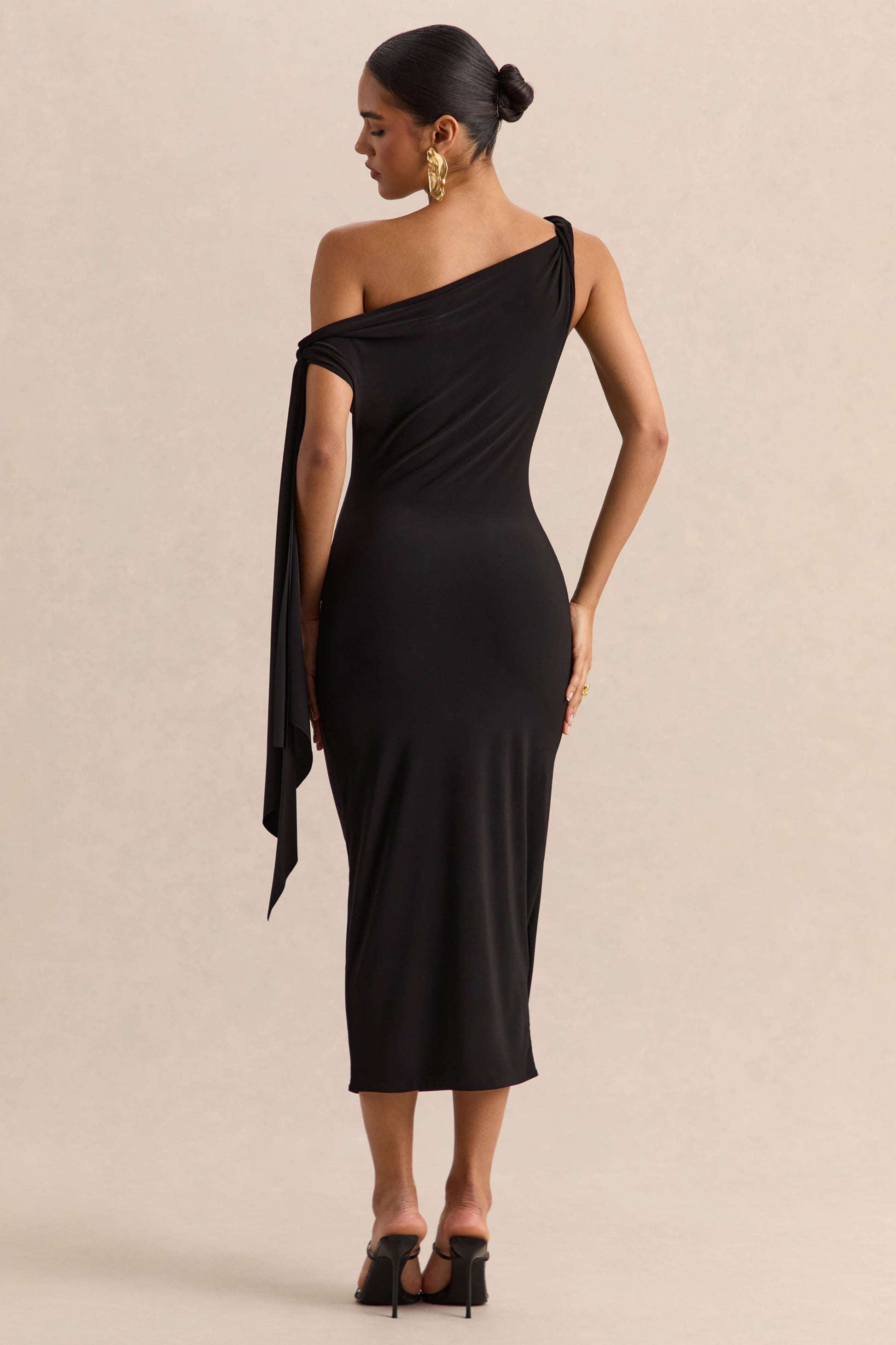 Arcelia | Black Asymmetric-Neck Midi Dress With Knot-Sleeve Detail