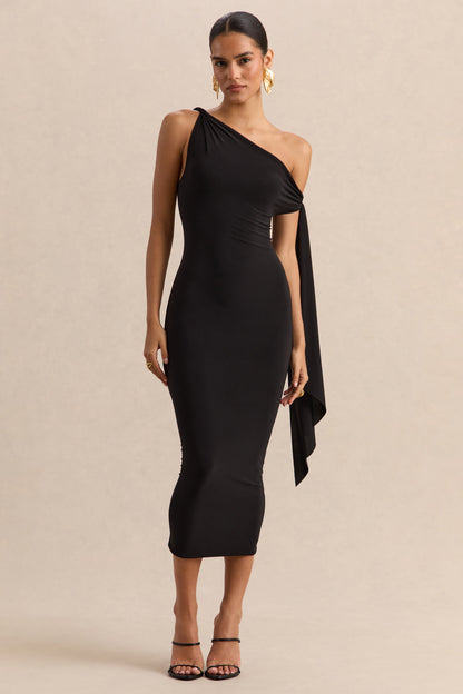 Arcelia | Black Asymmetric-Neck Midi Dress With Knot-Sleeve Detail