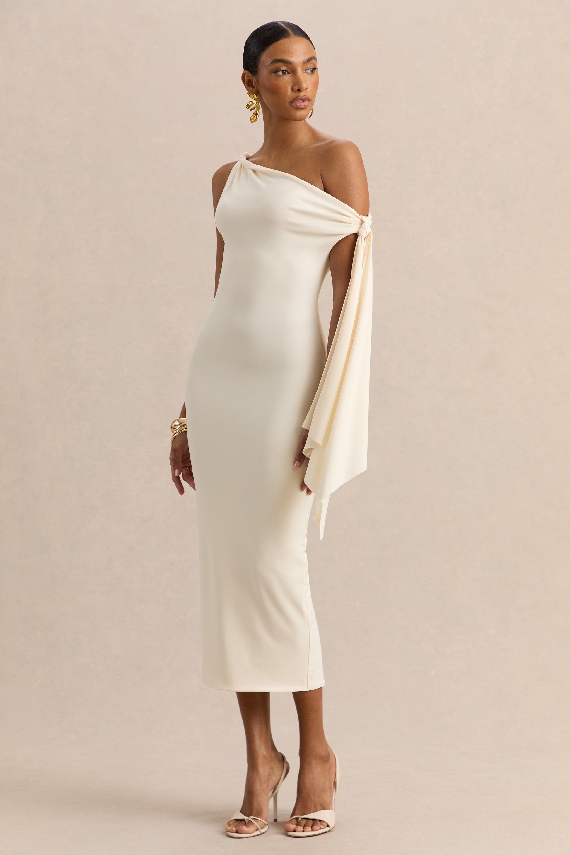 Arcelia | Cream Asymmetric-Neck Midi Dress With Knot-Sleeve Detail