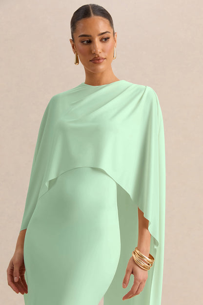 Luxalyn | Green Round-Neck Midi Dress With Cape-Detail