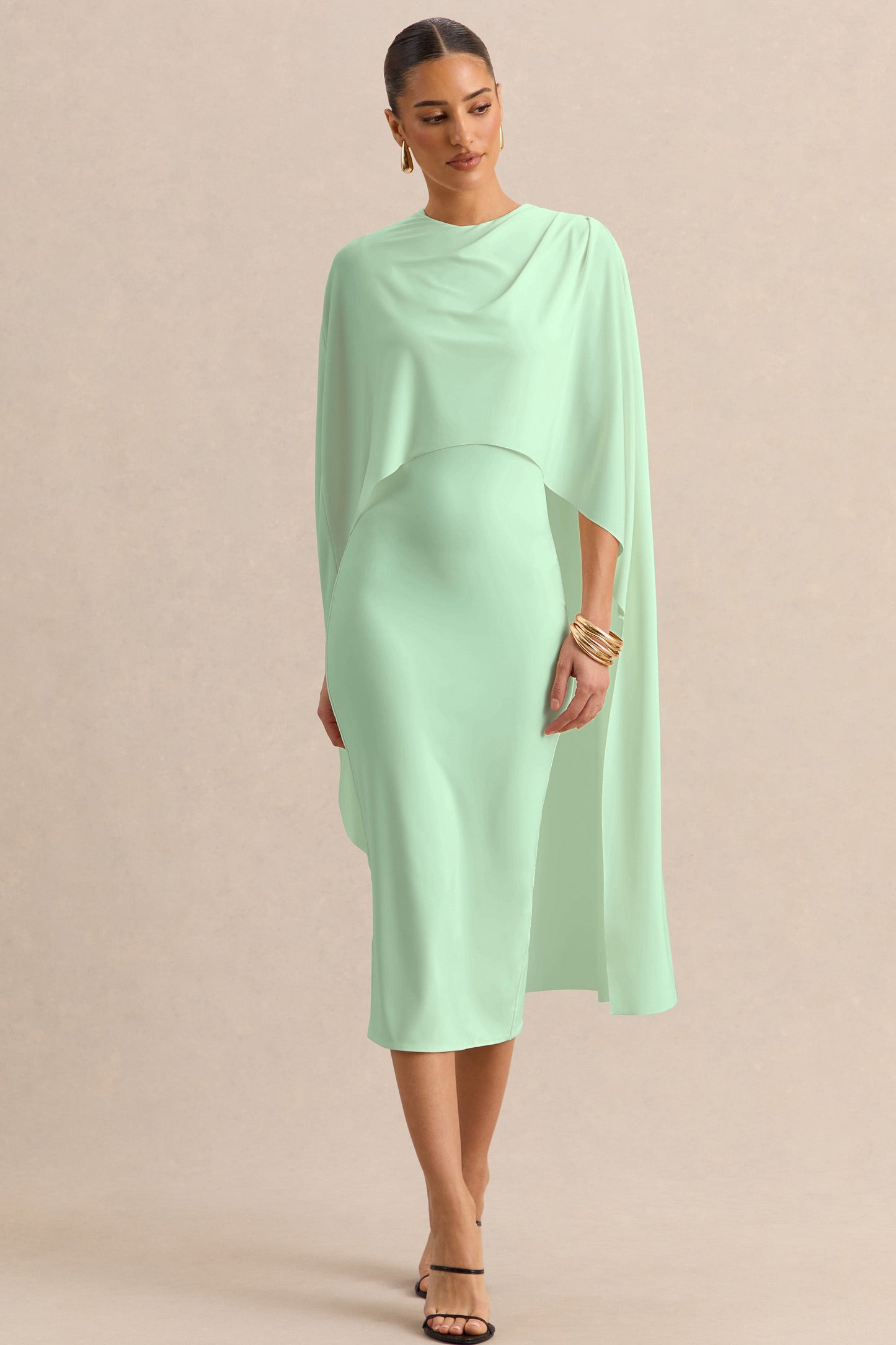 Luxalyn | Green Round-Neck Midi Dress With Cape-Detail