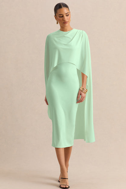 Luxalyn | Green Round-Neck Midi Dress With Cape-Detail