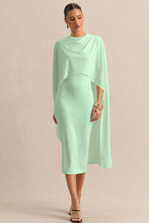 Luxalyn | Green Round-Neck Midi Dress With Cape-Detail