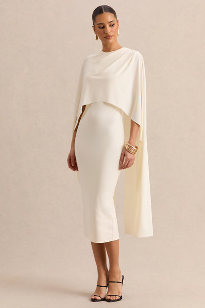 Luxalyn | Cream Round-Neck Midi Dress With Cape-Detail