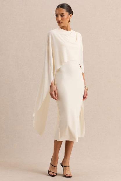 Luxalyn | Cream Round-Neck Midi Dress With Cape-Detail