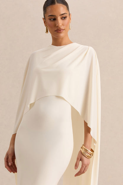 Luxalyn | Cream Round-Neck Midi Dress With Cape-Detail
