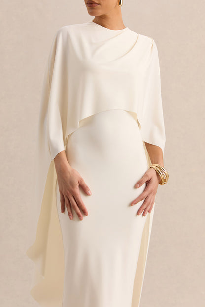 Luxalyn | Cream Round-Neck Midi Dress With Cape-Detail