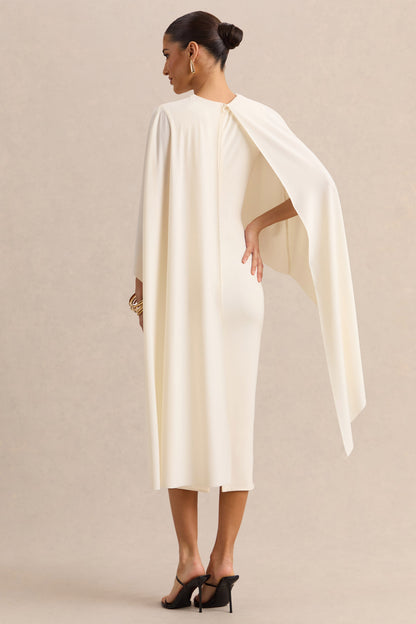 Luxalyn | Cream Round-Neck Midi Dress With Cape-Detail