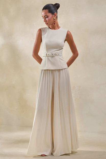 Karienne | Cream Round-Neck Top With Belted-Detail