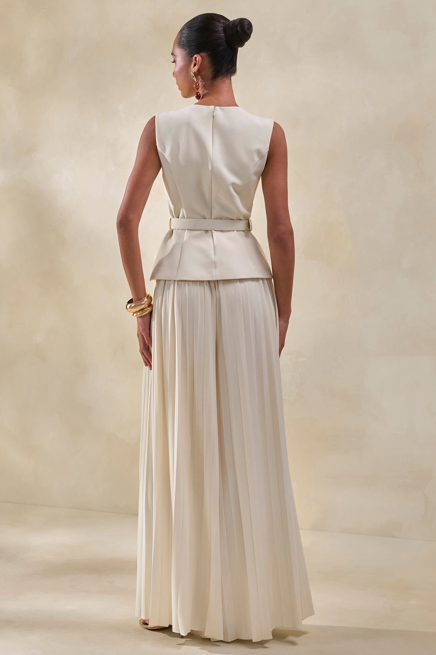 Karienne | Cream Round-Neck Top With Belted-Detail