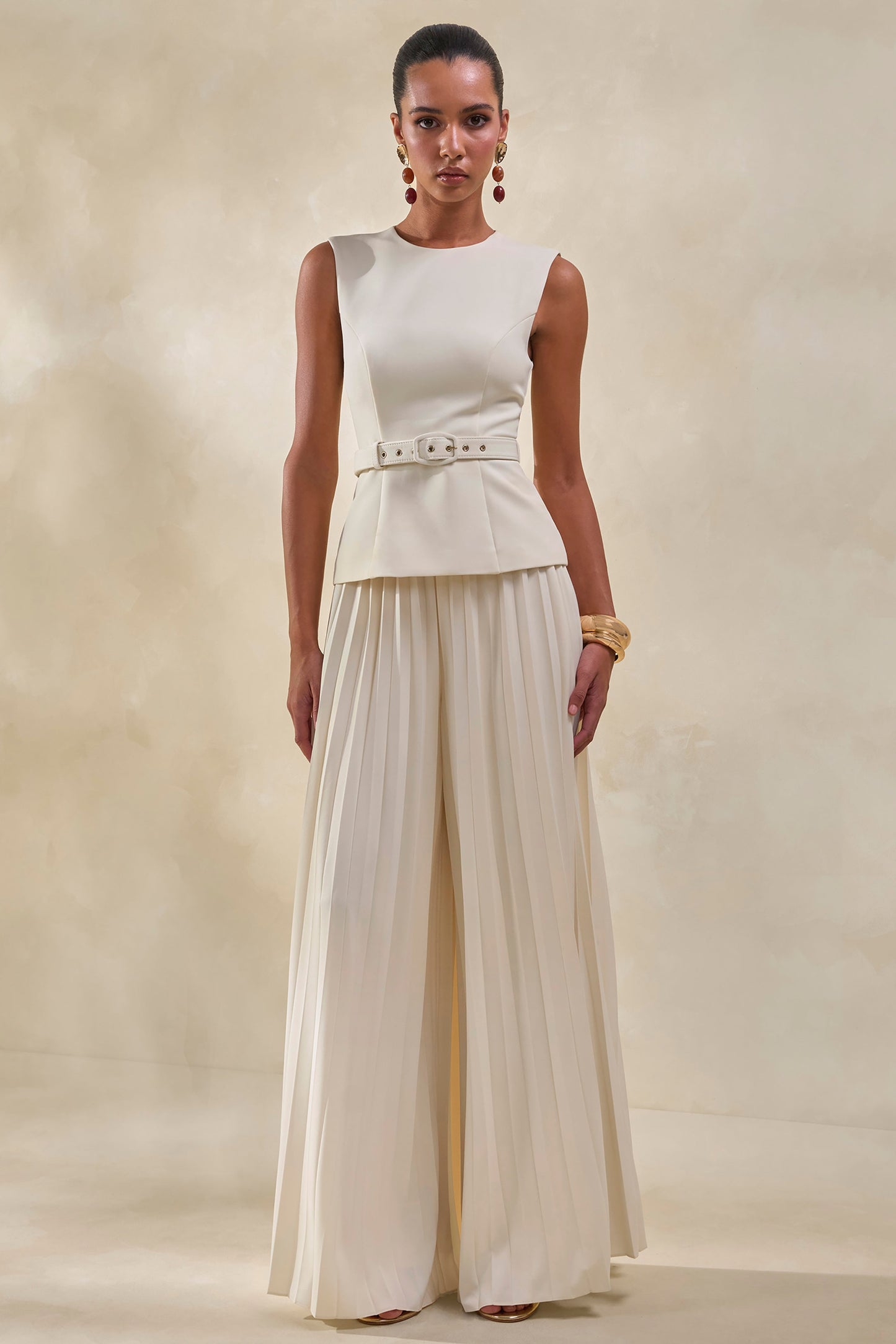 Lerenza | Cream Satin Wide-Leg Pleated Trousers