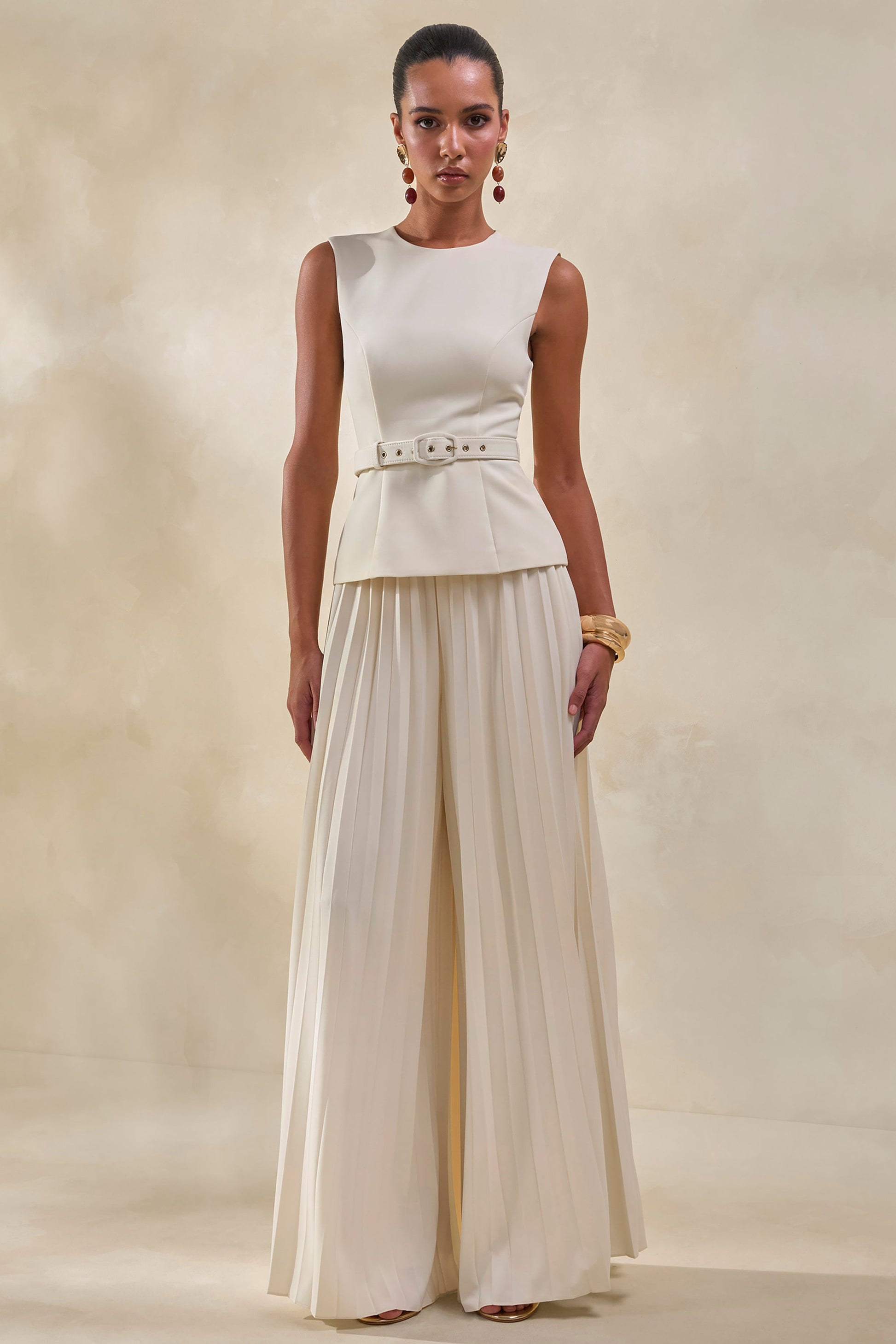 Lerenza | Cream Satin Wide-Leg Pleated Trousers