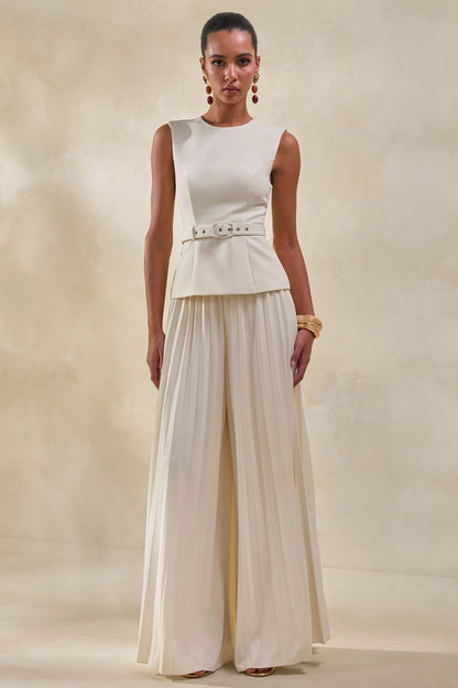 Lerenza | Cream Satin Wide-Leg Pleated Trousers