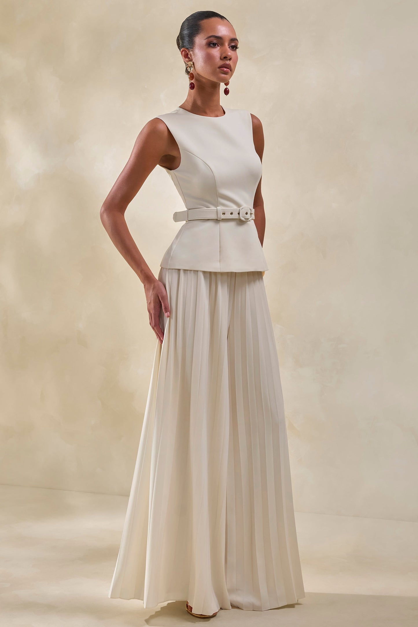 Lerenza | Cream Satin Wide-Leg Pleated Trousers