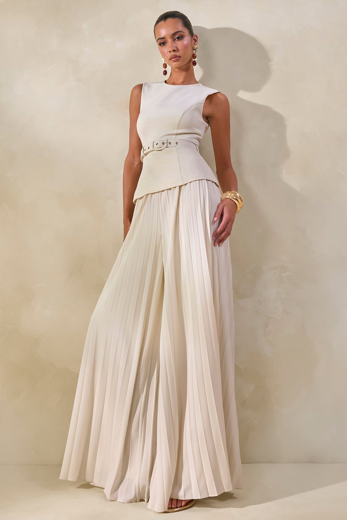 Lerenza | Cream Satin Wide-Leg Pleated Trousers