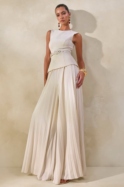 Lerenza | Cream Satin Wide-Leg Pleated Trousers