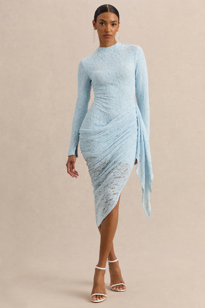 Laureline | Powder Blue Lace Crew-Neck Midi Dress With Draped-Detail And Asymmetric-Hem