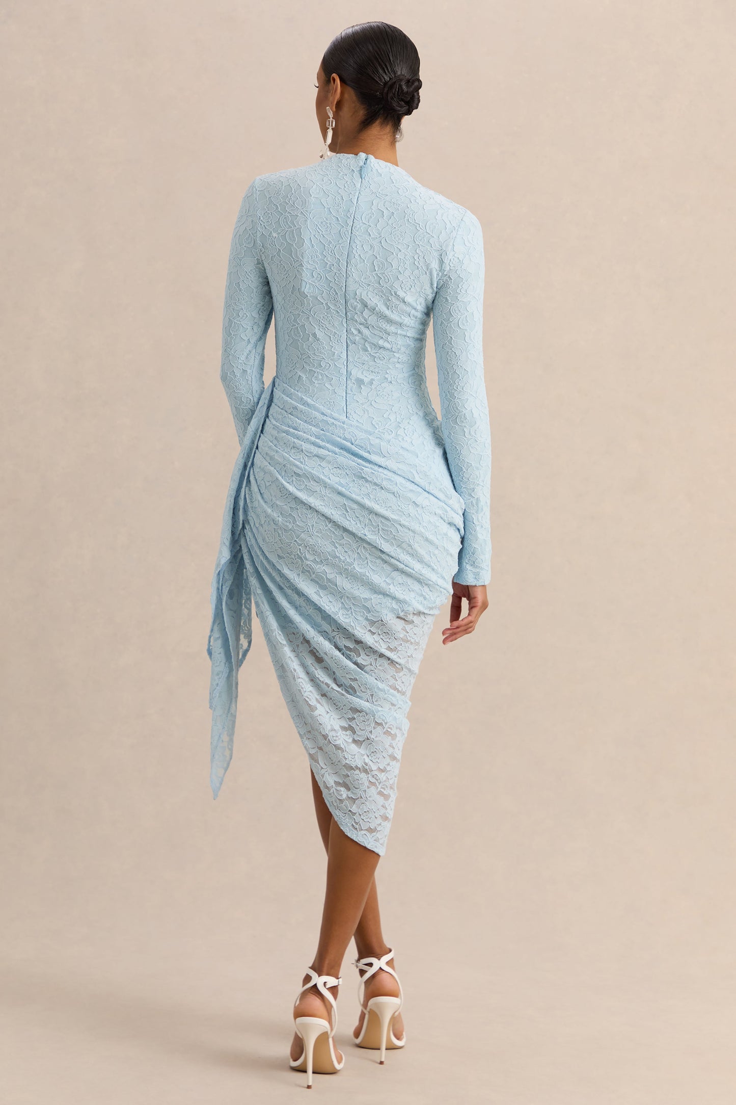 Laureline | Powder Blue Lace Crew-Neck Midi Dress With Draped-Detail And Asymmetric-Hem
