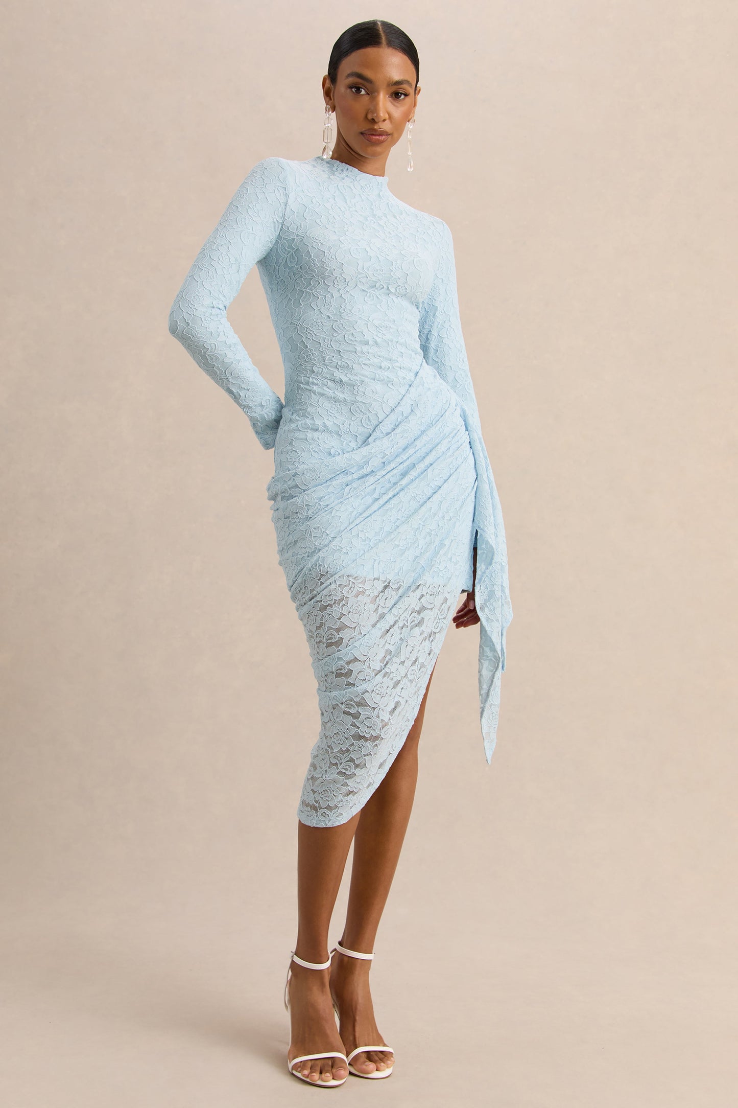 Laureline | Powder Blue Lace Crew-Neck Midi Dress With Draped-Detail And Asymmetric-Hem