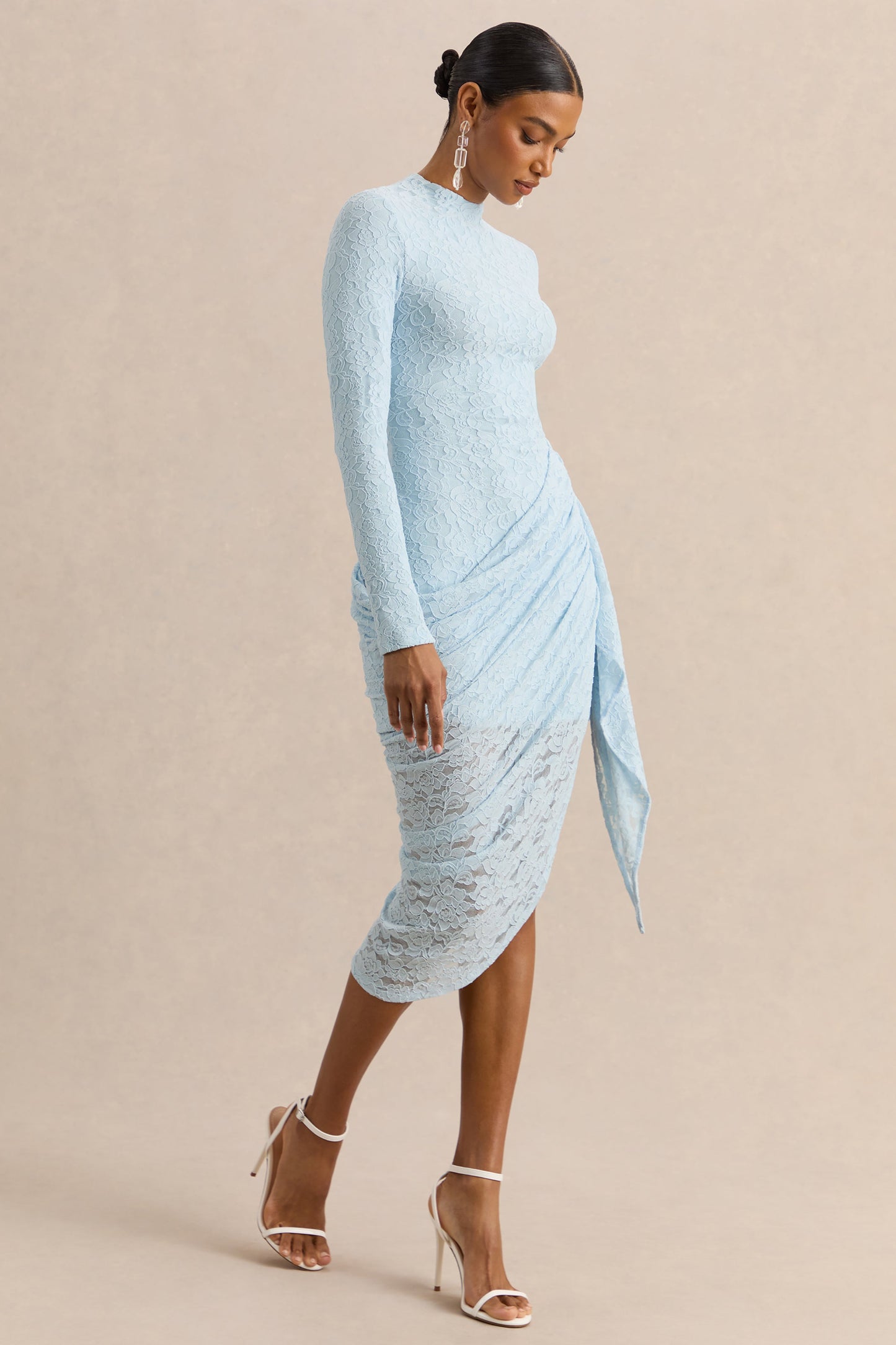Laureline | Powder Blue Lace Crew-Neck Midi Dress With Draped-Detail And Asymmetric-Hem