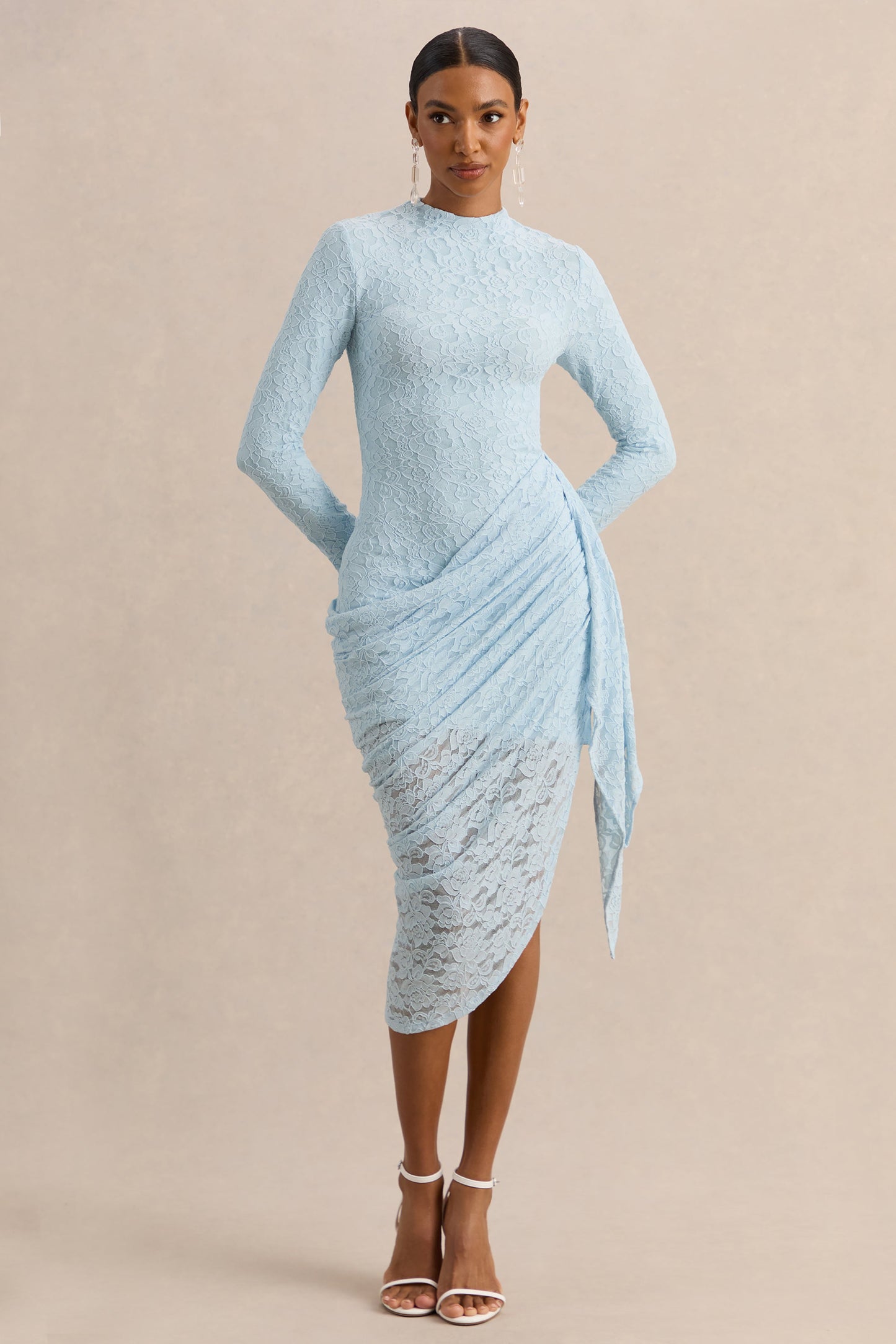 Laureline | Powder Blue Lace Crew-Neck Midi Dress With Draped-Detail And Asymmetric-Hem