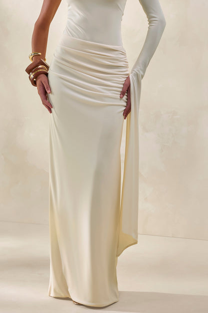 Adessa | Cream Asymmetric Waist Ruched Maxi Skirt