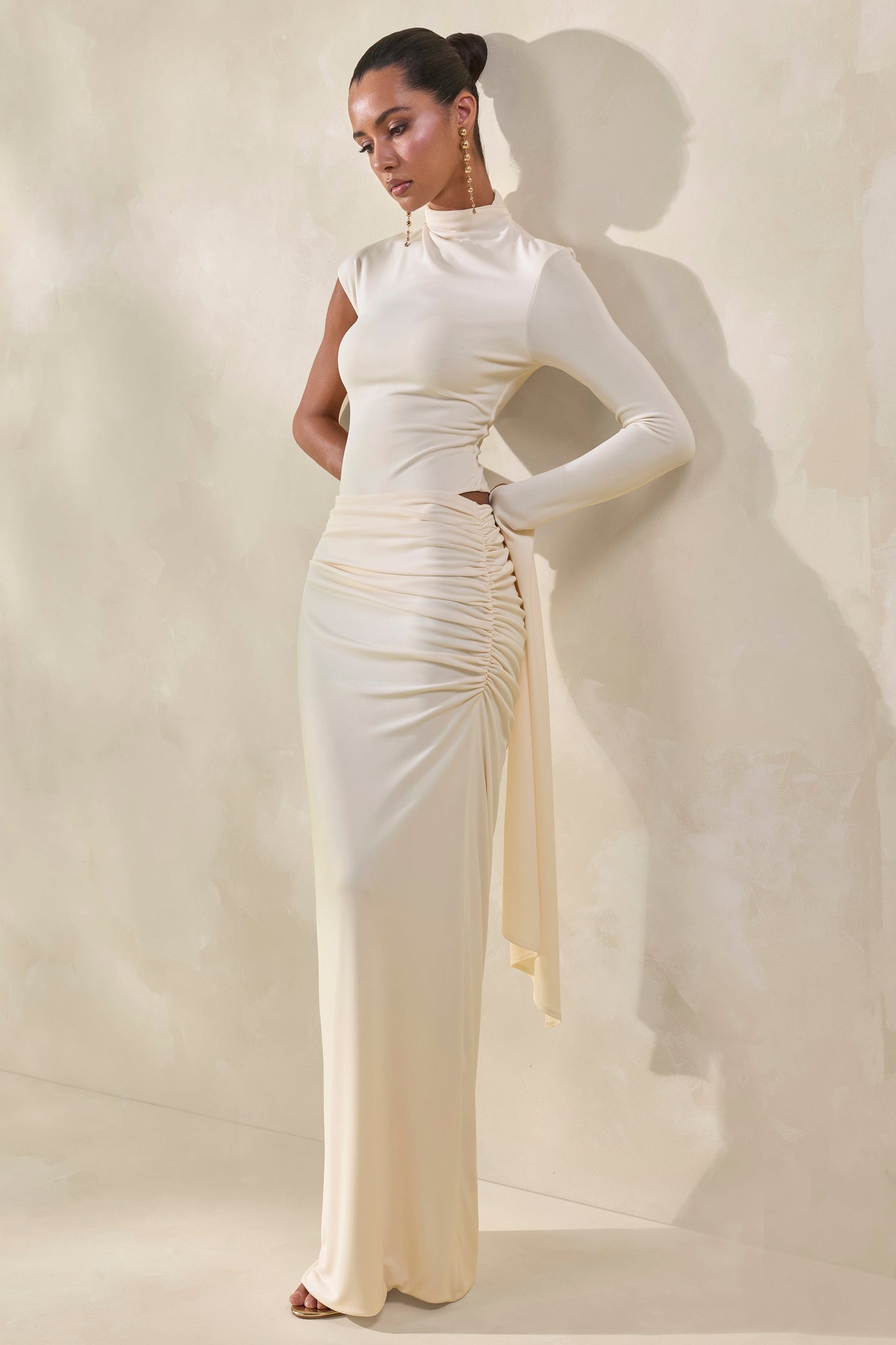 Adessa | Cream Asymmetric Waist Ruched Maxi Skirt