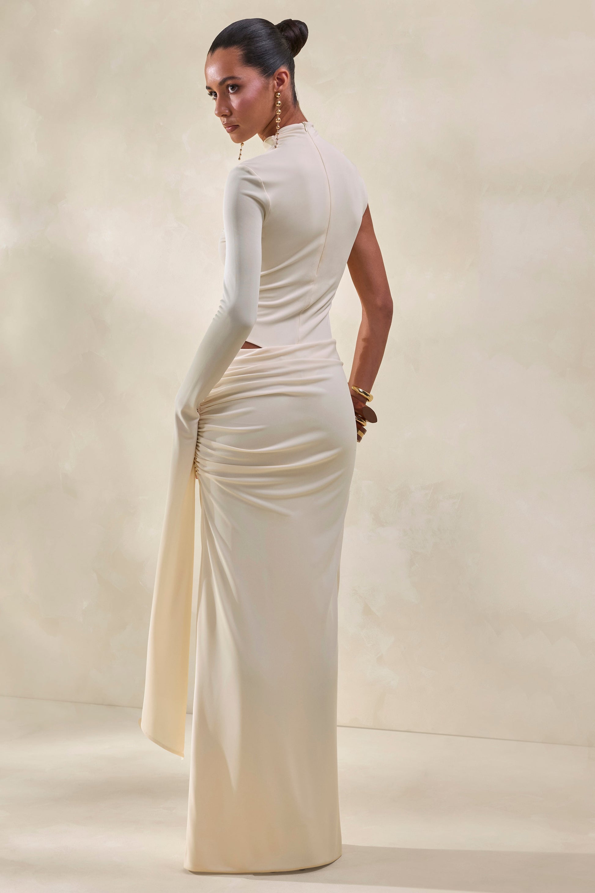 Adessa | Cream Asymmetric Waist Ruched Maxi Skirt