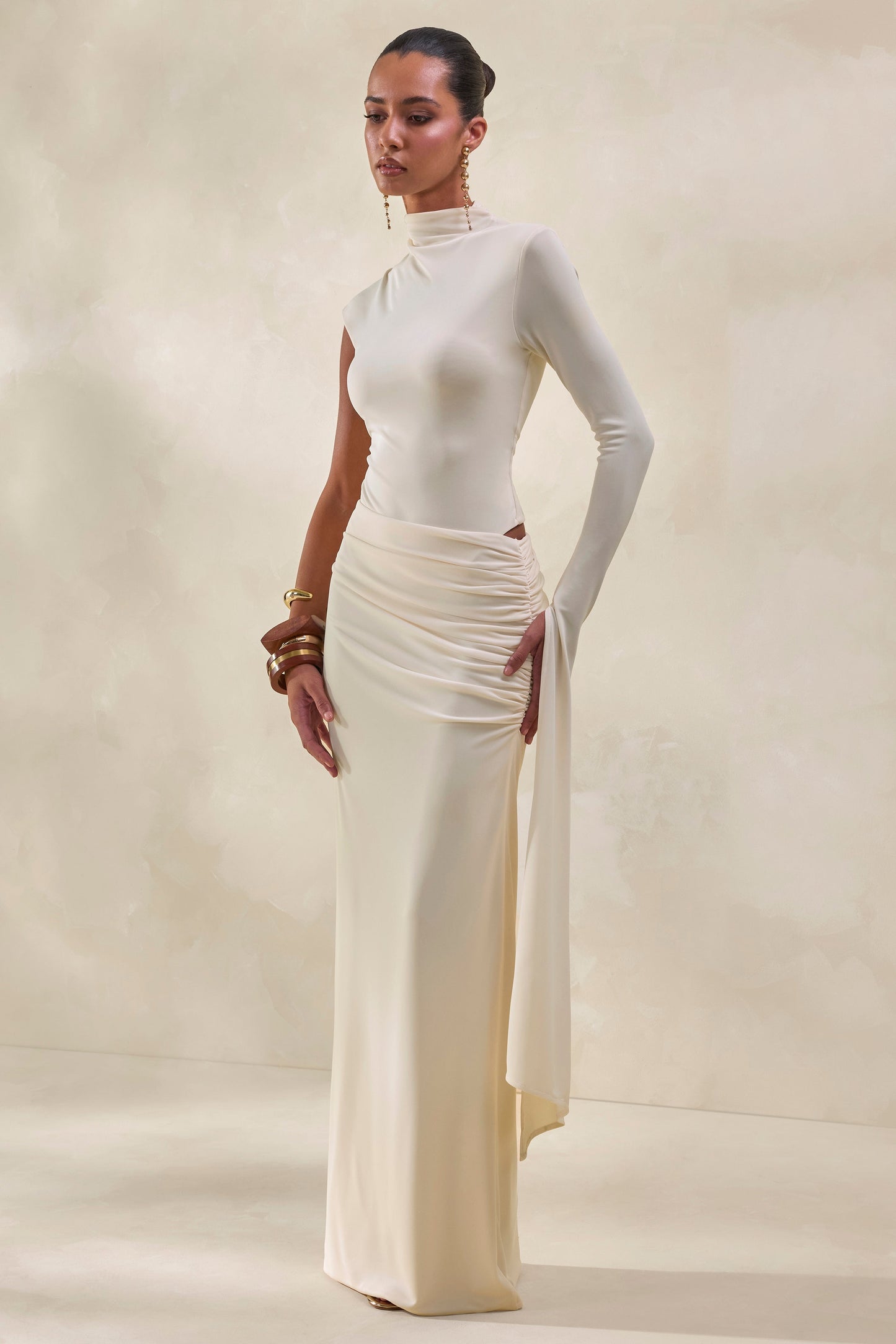 Adessa | Cream Asymmetric Waist Ruched Maxi Skirt