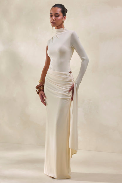 Adessa | Cream Asymmetric Waist Ruched Maxi Skirt