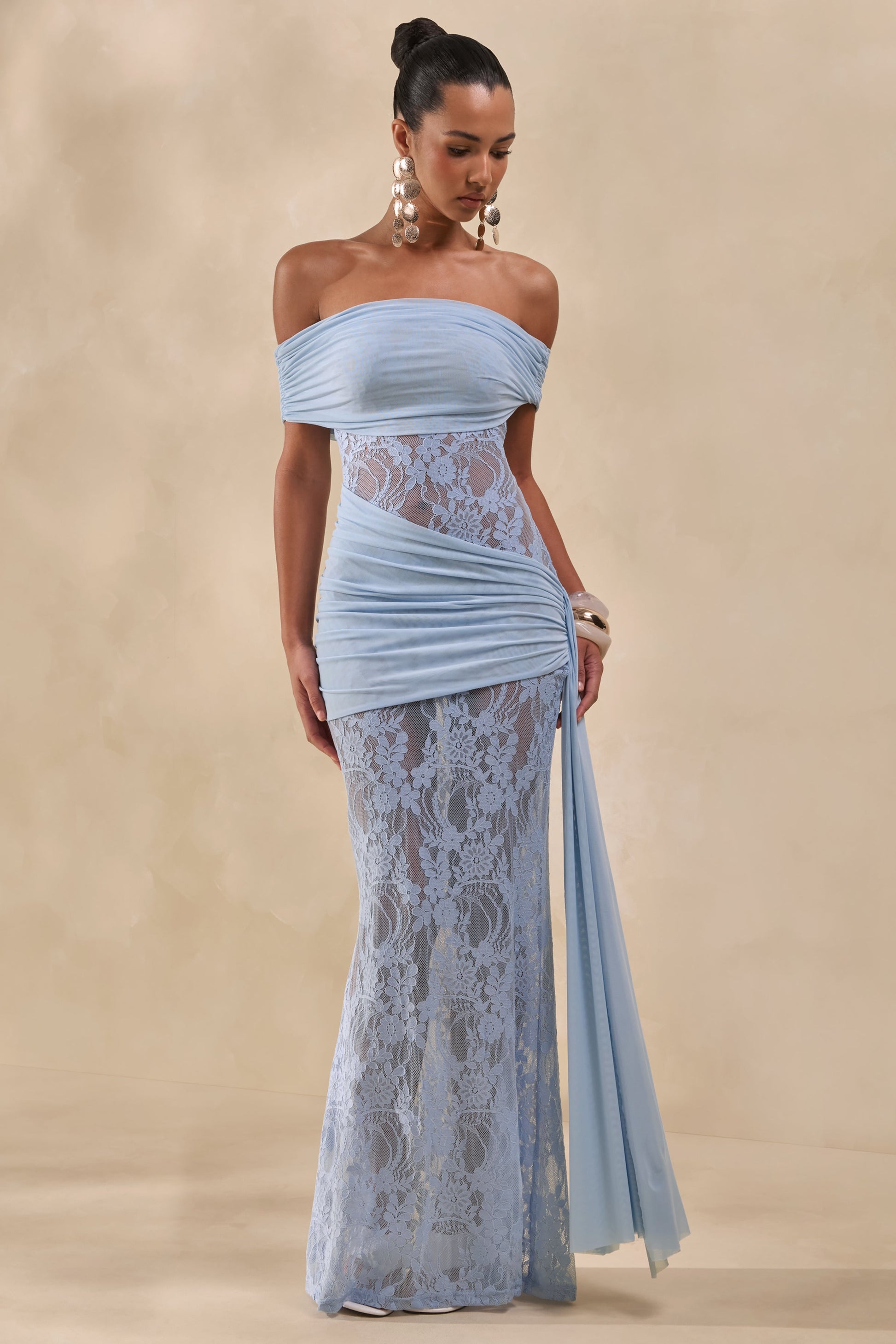 Enavine | Powder Blue Lace Bardot-Neck Maxi Dress With Gathered-Detailing And Sash