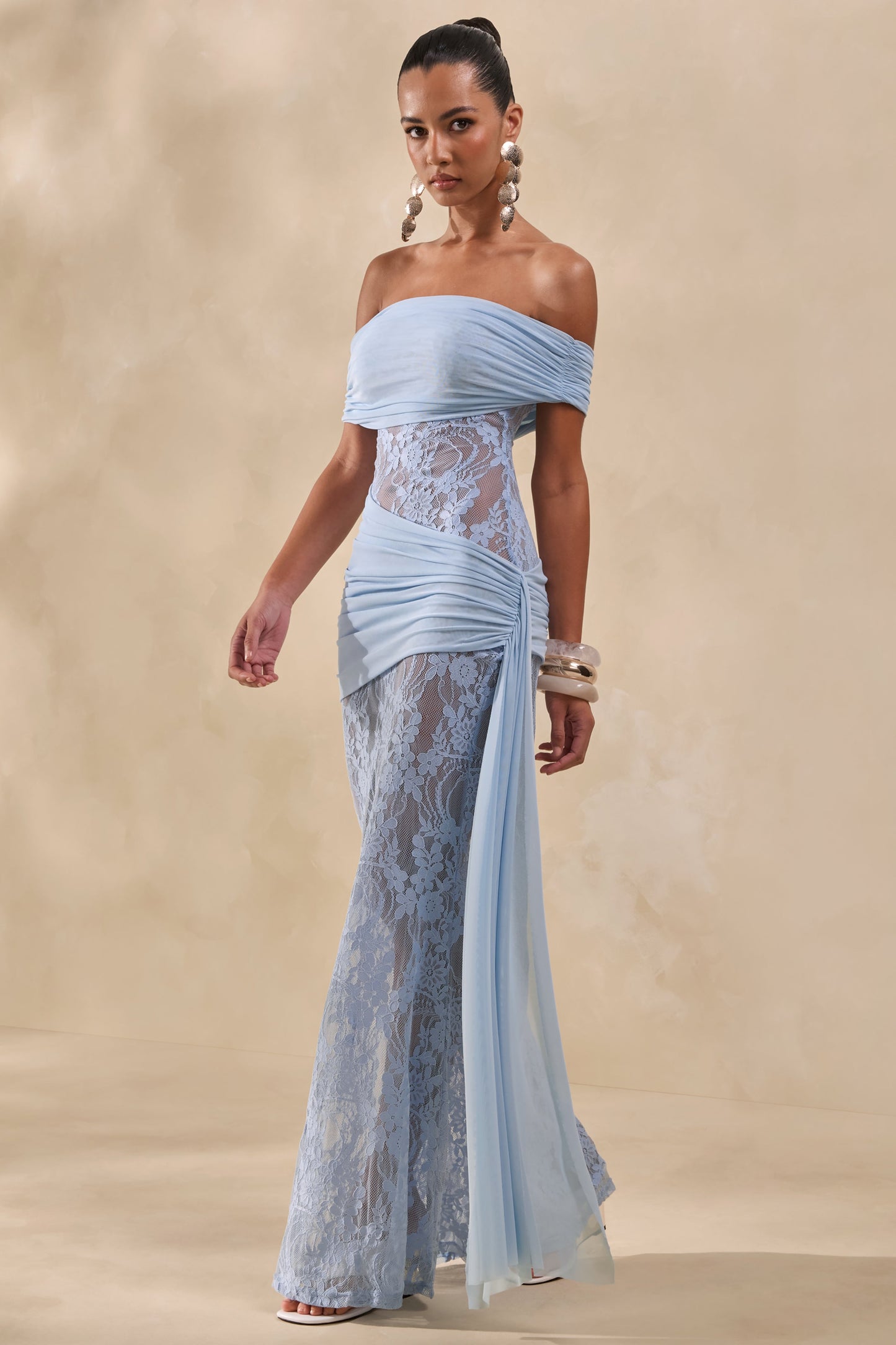 Enavine | Powder Blue Lace Bardot-Neck Maxi Dress With Gathered-Detailing And Sash