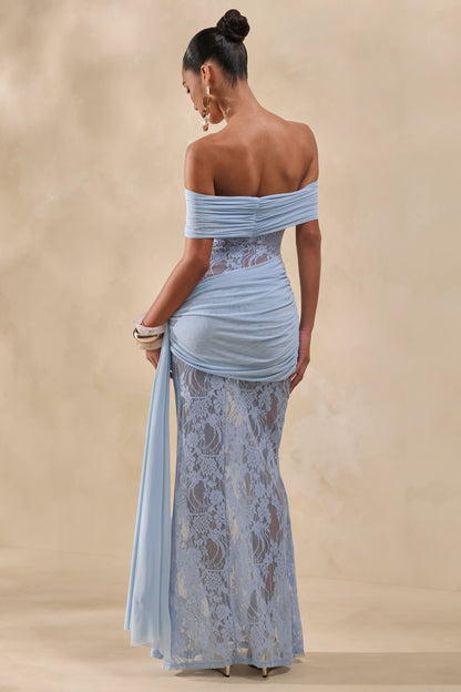 Enavine | Powder Blue Lace Bardot-Neck Maxi Dress With Gathered-Detailing And Sash