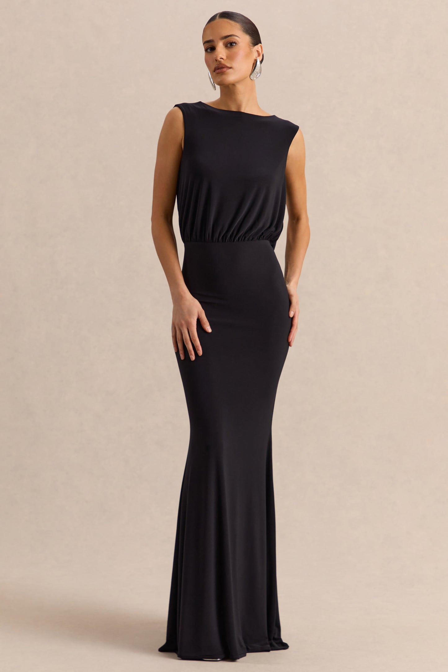 Elicette | Black Round-Neck Maxi Dress With Open-Back And Bow-Detail